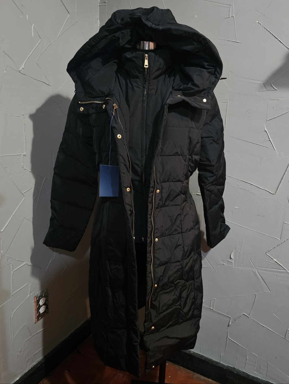 Cole Haan Black Long Quilted Hooded Puffer Coat - Medium